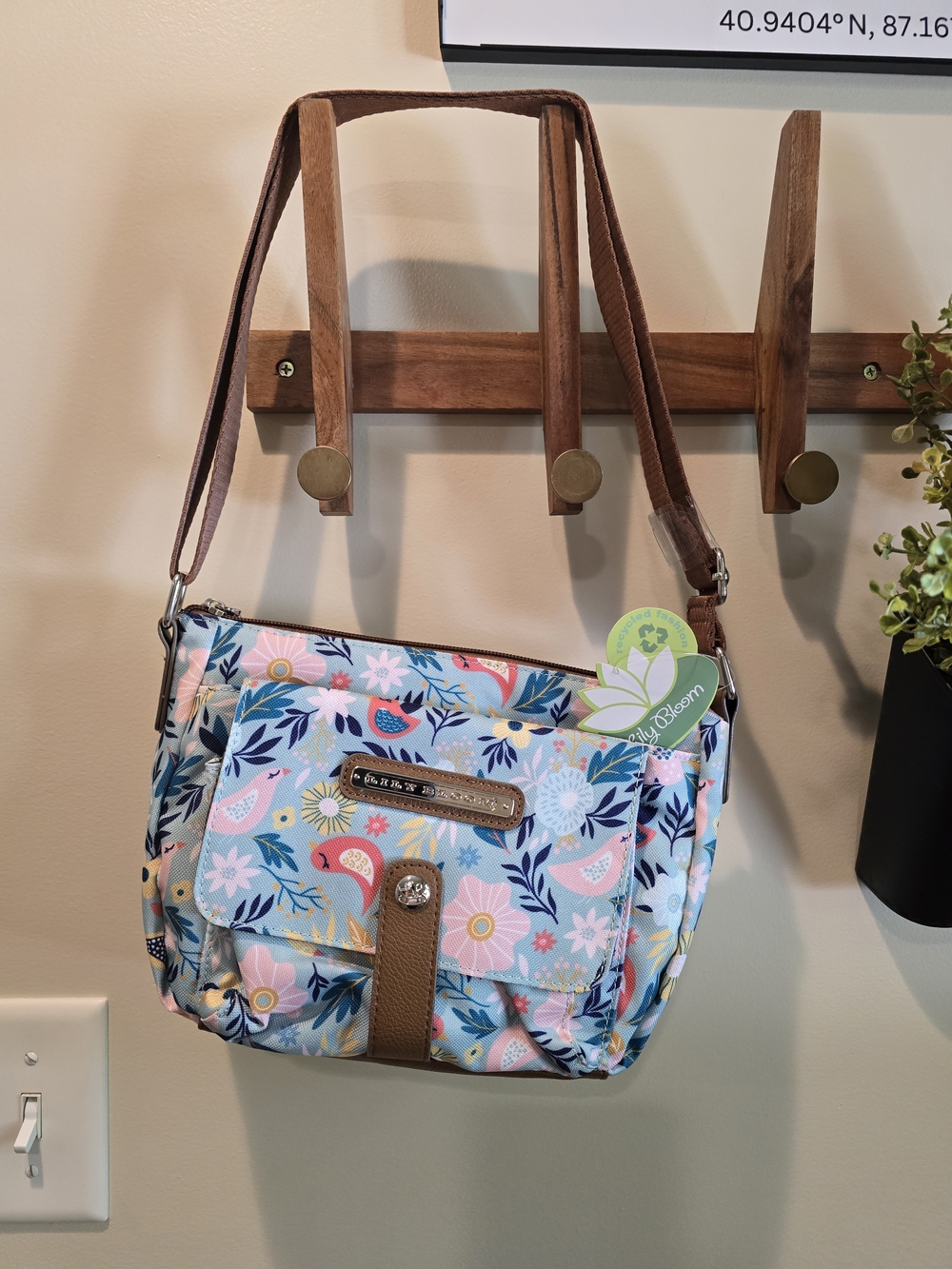 Lily Bloom Light Blue Floral Crossbody with Tan Strap